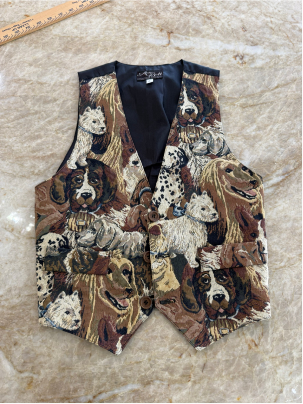 Embroidered Anne Bell Originals Dog Print Tapestry Vest, Brown/White, Size XS